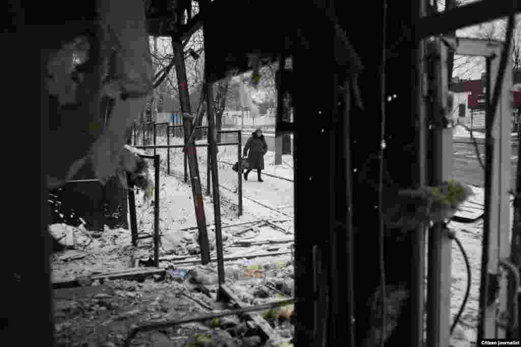 Donetsk, Ukrain. A store is destroyed by artillery shalling.