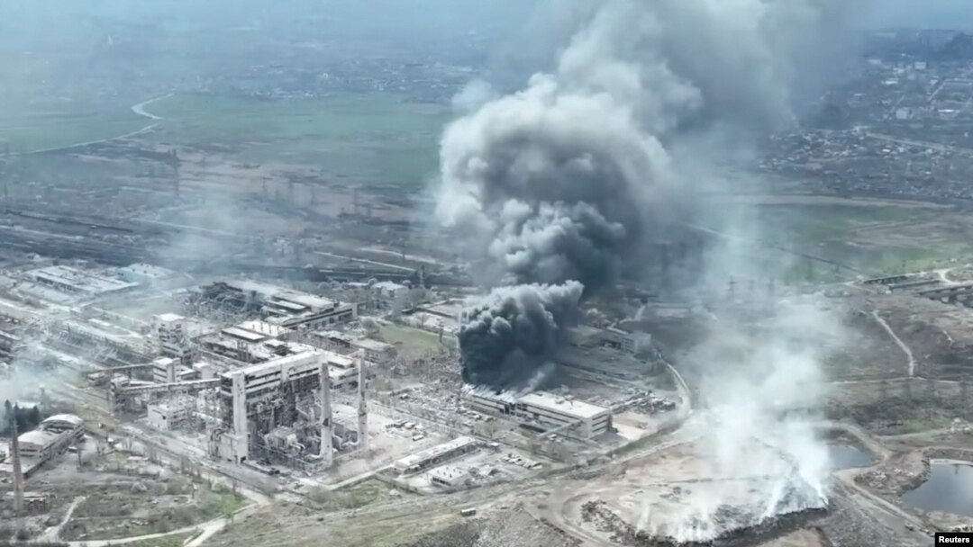 Smoke rises above the Azovstal steelworks in Mariupol in this still image obtained from a recent drone video posted on social media. Ukrainian Foreign Minister Dmytro Kuleba said the port city of Mariupol effectively doesn’t exist anymore because of the massive destruction by relentless bombardment.