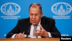 Russian Foreign Minister Sergei Lavrov speaks during his annual press conference in Moscow on January 14. 