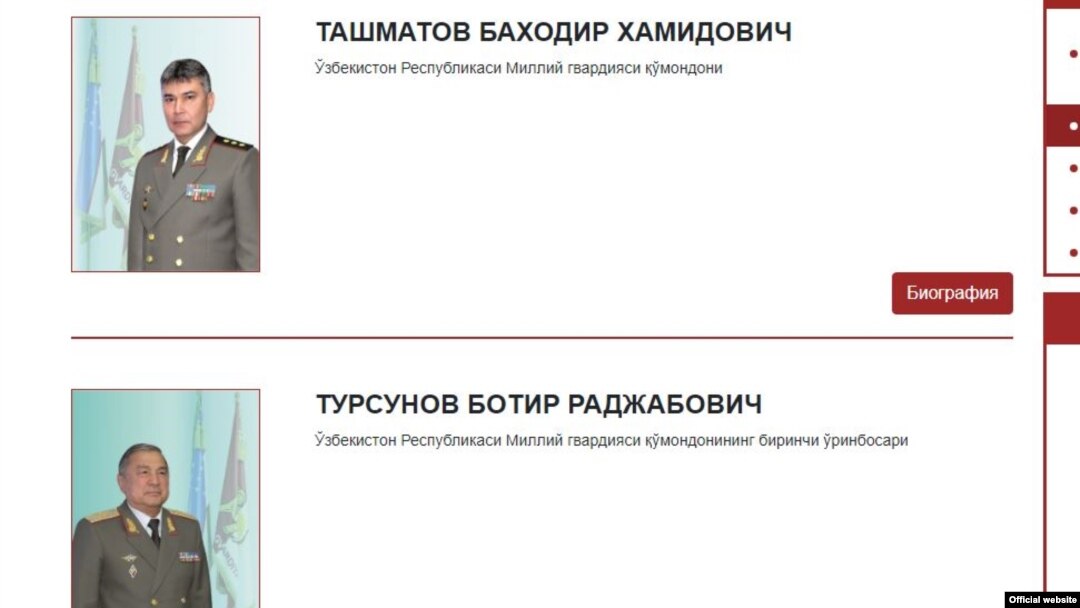 Президент Мирзиëевнинг қудаси - катта куëви Ойбек Турсуновнинг отаси генерал Ботир Турсунов Миллий гвардия қўмондонининг 1-ўринбосаридир.