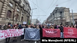 Studenti sa zastavama fakulteta na protestu ispred Vlade Srbije, Beograd, 25. decembar 2024.