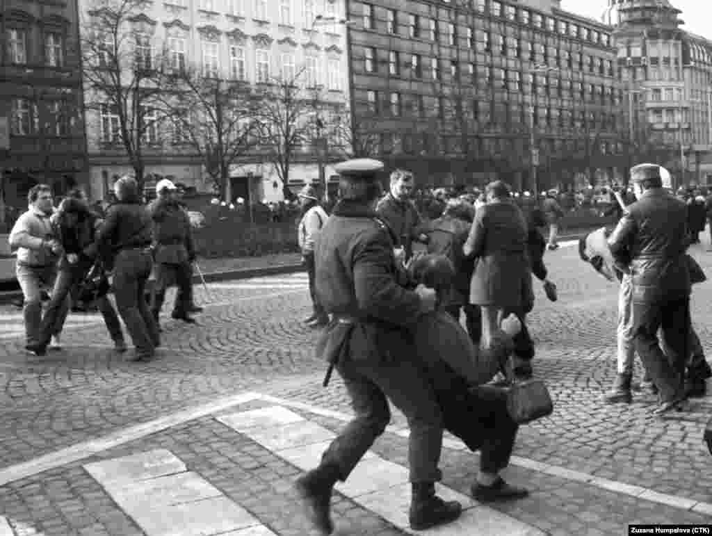 1989 წლის იანვარში უკვე იმართებოდა საპროტესტო აქციები. ამ ფოტოზე პოლიცია ძალას იყენებს სტუდენტ იან პალახის მიერ თავის დაწვის 20 წლისთავთან დაკავშირებული აქციის მონაწილეების წინააღმდეგ. პალახის პროტესტი მიმართული იყო 1968 წელს ჩეხოსლოვაკიაში საბჭოთა ბლოკის ჯარების ინტერვენციის წინააღმდეგ.&nbsp;