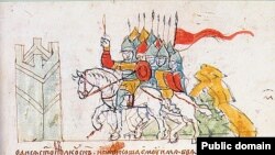 Паўднёварускія князі вяртаюцца зь няўдалага паходу на Менск у 1104 годзе. Выява з Радзівілаўскага летапісу