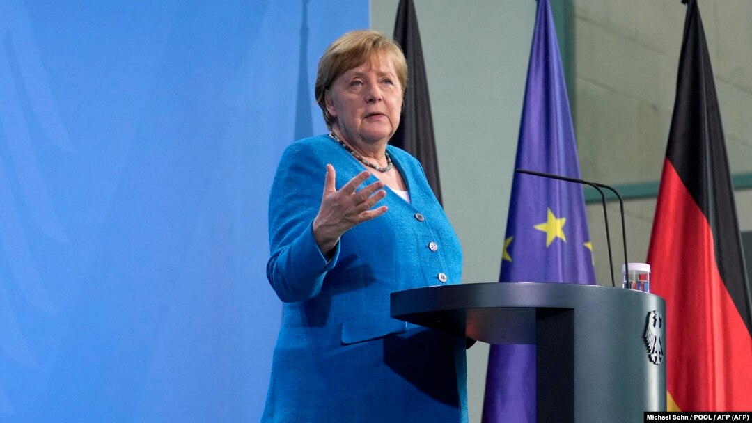 German Chancellor Angela Merkel addresses a press conference after hosting the West Balkans summit at the Chancellery in Berlin on July 5.