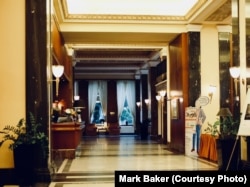 The formal elegance of the reception area of Prague's 1950s' classic Hotel International. Many of the hotels built in this early phase of communist architecture in Eastern Europe boasted lobbies and interiors that could rival the best in the West at the time. Unfortunately, the style did not carry to the tiny, plain rooms.