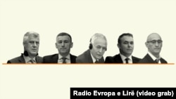 Nga e majta: Hashim Thaçi, Kadri Veseli, Jakup Krasniqi, Rexhep Selimi dhe Salih Mustafa - ish-udhëheqës të Ushtrisë Çlirimtare të Kosovës, që përballen me akuza për krime lufte dhe krime kundër njerëzimit.