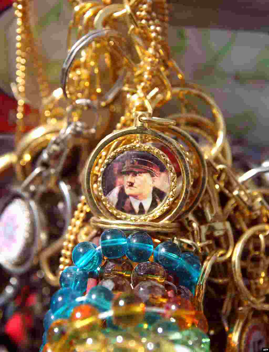 A key chain bearing the image of Adolf Hitler is displayed at a kiosk in the 300-year-old Souk al-Haraj in Midan Square in old Baghdad. (AFP/Ahmad al-Rubaye)