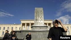 The empty pedestal in Gori where the statue of Josef Stalin once stood.