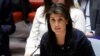 U.S. Ambassador to the United Nations Nikki Haley speaking during a UN Security Council meeting on the crisis in the Middle East at UN headquarters in New York on April 17.