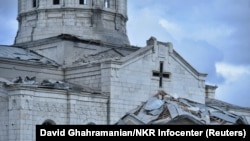 NAGORNO-KARABAKH -- A view shows Ghazanchetsots Cathedral in Shushi (Shusha) damaged by recent shelling during a military conflict, October 8, 2020.