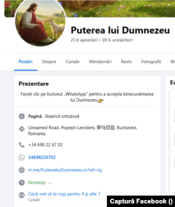 În descrierea paginii de Facebook Puterea lui Dumnezeu, scrie că e o Biserică Ortodoxă, cu sediul în Popești Leordeni. Cuvântul „România” apare scris cu caractere chinezești, iar numărul de contact are prefix de Spania.