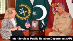 FILE: U.S. Deputy Assistant Secretary of State Alice Wells meeting Pakistani army chief General Qamar Javed Bajwa in July.