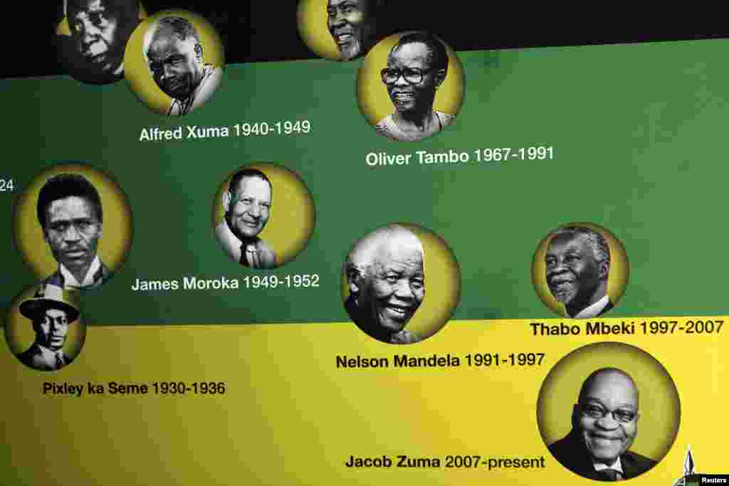 South Africa -- Portraits of current and former ANC presidents including Mandela (3rd R) are seen at the end of a media briefing where President Jacob Zuma addressed editors at the SA National Editors' Forum (Sanef) in Johannesburg, 24Jun2013