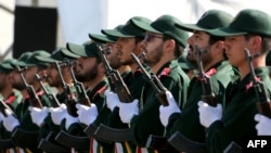 Islamic Revolutionary Guards Corps troops march during the annual military parade marking the start of Iran's 1980-88 war with Iraq in Tehran in September 2015.