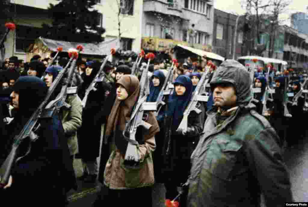 Revolutionaries demonstrate in front of the U.S. Embassy in Tehran.&nbsp;On April 24, 1980, a rescue mission to release the hostages failed after two aircraft collided in the Iranian desert. Eight U.S. soldiers were killed. 