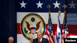 Премьер-министр Биньямин Нетаньяху АКШнын элчилигин Иерусалимде ачуу аземинде сүйлөөдө. 14-май, 2018-жыл.