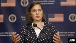 U.S. Assistant Secretary of State ror European and Eurasian Affairs Victoria Nuland speaks to the media during a press conference in Kyiv on April 27.