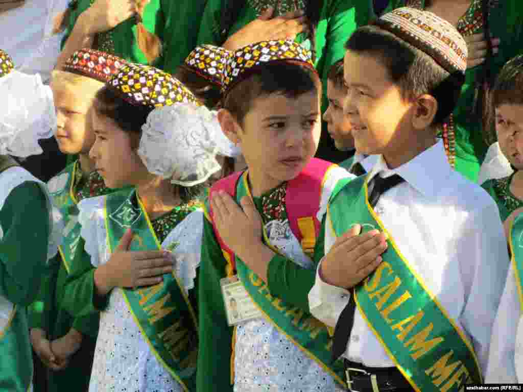 Students wear sashes on the first day of class in Ashgabat, Turkmenistan.