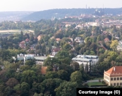 The Russian embassy in Prague. At top right is the Prague Castle.