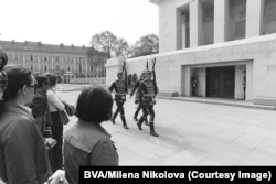 The changing of the guard ceremony in front of the Mausoleum of Georgi Dimitrov in 1974. Dimitrov was the first ruler of communist Bulgaria, from 1946 until his death in 1949. His mausoleum was demolished in 1999.