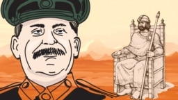 Два персонажа традиционного нарратива русской истории – князь Владимир и Иосиф Сталин – на фоне марсианского пейзажа. Коллаж
