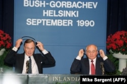 U.S. President George Bush (left) and Soviet leader Mikhail Gorbachev during a summit meeting in Helsinki on September 9, 1990.