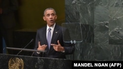 رئیس‌جمهور آمریکا در حال سخنرانی در هفتادمین نشست مجمع عمومی سازمان ملل