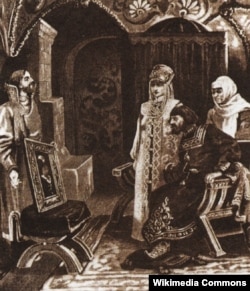 Картина Виктора Муйжеля "Посол Иван Фрезин вручает Ивану III портрет его невесты Софьи Палеолог".