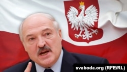 Аляксандар Лукашэнка на фоне польскага сьцяга. Ілюстрацыйны каляж