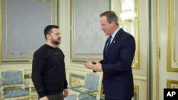 Presidenti ukrainas, Volodymyr Zelensky (majtas) me Sekretarin e Jashtëm britanik, David Cameron.