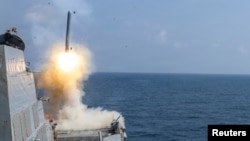 A US ship fires a Tomahawk Land Attack Missile during Operation Epic Fury.