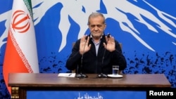 Iranian President Masud Pezeshkian holds a news conference in Tehran on September 16.