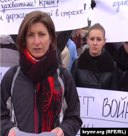 Жителька Сімферополя Ірина Копилова на мітингу в парку імені Шевченка, Сімферополь, 2 березня 2014 року
