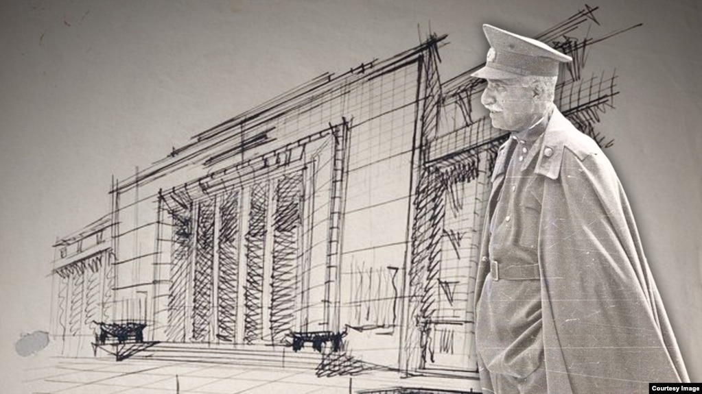 تلفیق اتود طراحی کاخ دادگستری اثر استانیسلاو سووا و عکسی از رضا شاه پهلوی