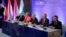 Romanian Vice Prime Minister Catalin Predoiu (left), European Commissioner for Home Affairs Ylva Johansson (second left), Hungarian Interior Minister Sandor Pinter (center), Austrian Interior Gerhard Karner (second right) and Bulgarian Interior Minister Atanas Ilkov attend a press conference on the expansion of the Schengen Area in Budapest on November 22.