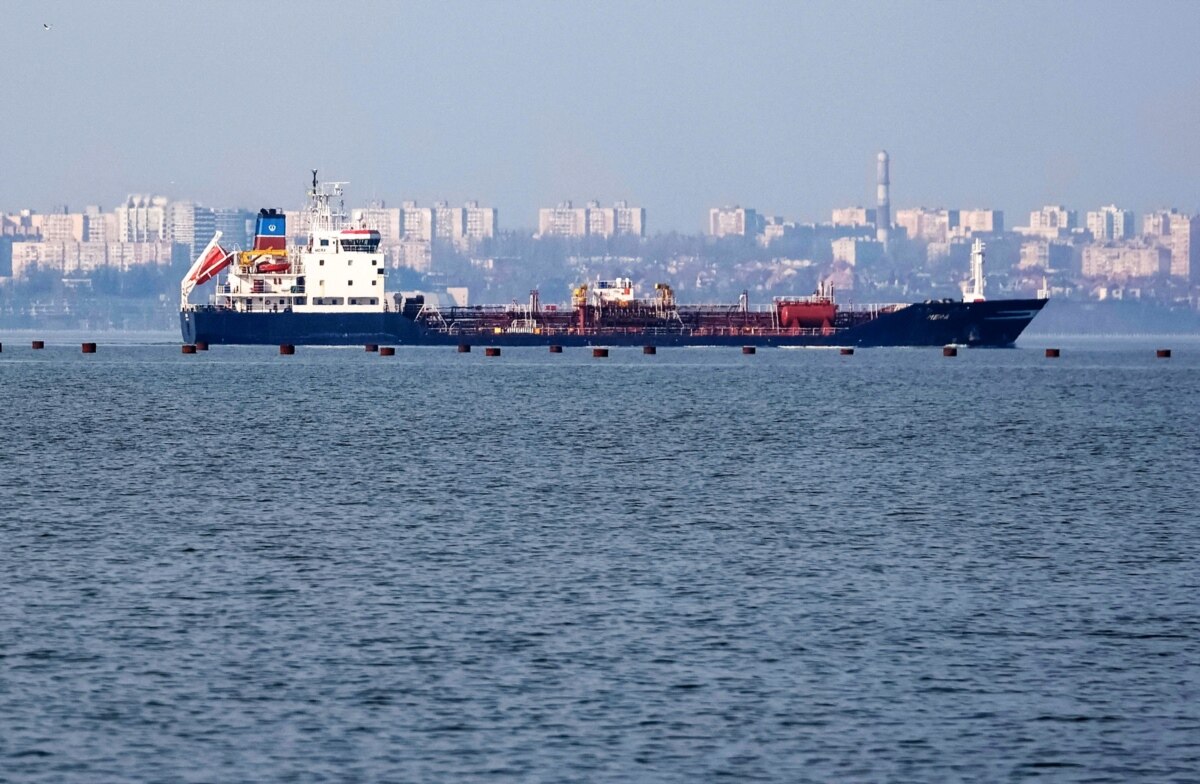 A cargo ship leaves a port in the Black Sea in Odesa on March 26, 2025.