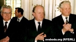 Леанід Краўчук, Станіслаў Шушкевіч і Барыс Ельцын. 1991
