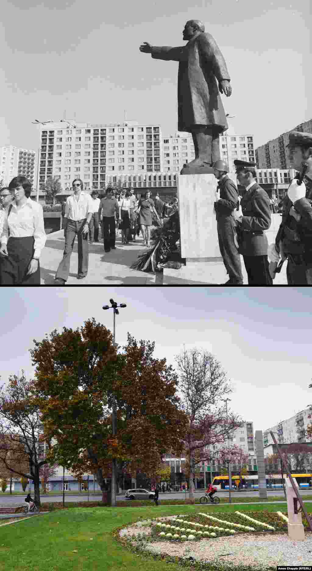 Debrecen 1977-2019 A Lenin gesturing west in Debrecen (top). Today a sundial, tipped with phoenix wings and planted with ornamental cabbages, stands in his place. 1977 photo Fortepan/MHSZ