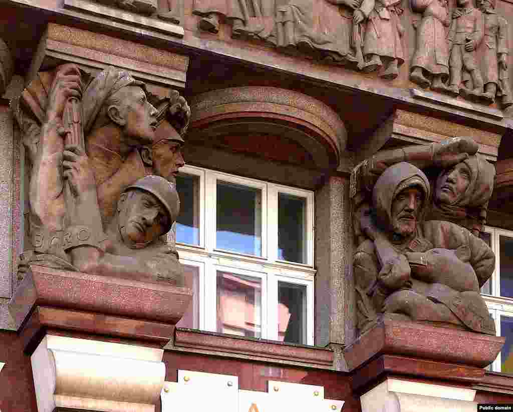 A century later, the Czechoslovak Legion’s travails in Russia are remembered with a traveling museum and immortalized in monuments and in reliefs on a Prague building (pictured).