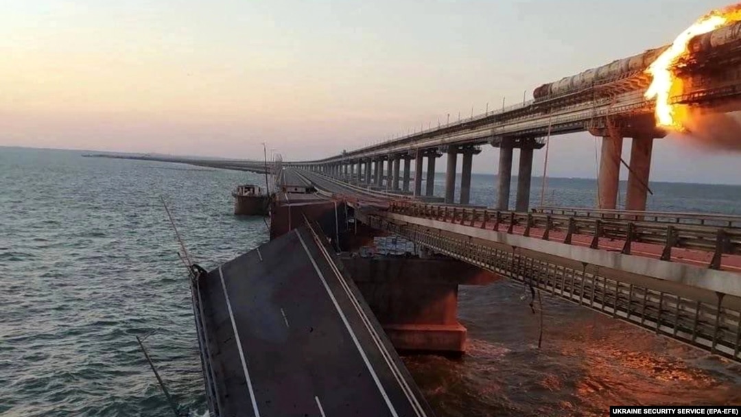 Ukraine has not claimed responsibility for the explosion, which sent one span of the bridge's highway section tumbling into the Kerch Strait and damaged the rail section.