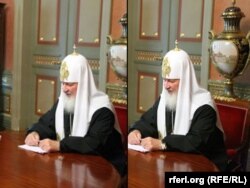 Відредагована фотографія (л) та її оригінал, на якій зображений Московський патріарх Кирило