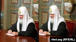 The original (right) and the doctored picture of Patriarch Kirill at a meeting with then Russian Justice Minister Aleksandr Konovalov in July 2009. Note the watch's reflection still visible in the table top in the doctored photo.