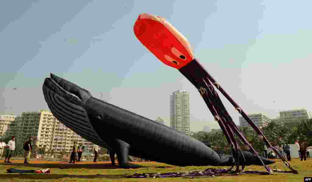 Visitors watch kites fly during the International Kite Festival on the lawns of Priyadarshani park in Mumbai, India. (AFP/Punit Paranjpe)