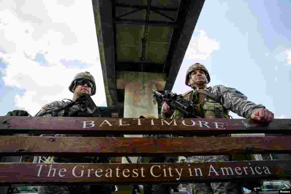 U.S. National Guard troops stand watch in Baltimore, Maryland, on April 28. (Reuters/Eric Thayer)