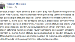 Təzəxan Mirələmlinin polisdən çıxandan sonra Facebookda yazdığı status, 4 aprel 2020