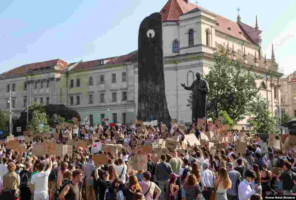 A crowd gathers in the western Ukrainian city of Lviv on July 16 to protest Fedorov's ouster.