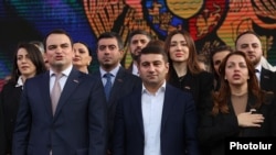 Armenia - Senior members of businessman Samvel Karapetian's opposition Strong Armenia bloc attend a rally in Yerevan, April 11, 2026.