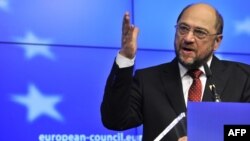 Belgium -- European Parliament President Martin Schulz speaks at a press conference during a European Union summit at the EU headquarters in Brussels, 30Jan2012