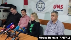 Predsjednici sindikata prosvjetnih radnika u HNK Josip Milić, Edin Sarajlić, Edina Čomić i Goran Miličević na konferenciji za medije u Mostaru, BiH, 13. 2. 2025.