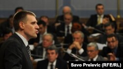 Igor Luksic, Montenegro's new prime minister, speaks in parliament on December 28.